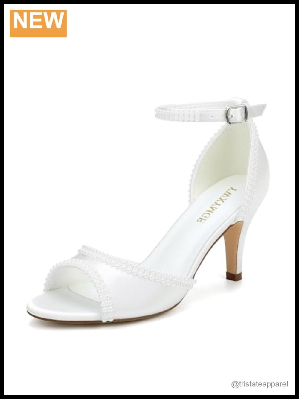 Kitten Heel Peep Toe Wedding Shoes for Bride Pearl Ankle Strap Satin